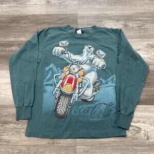 Vintage‎ Giant Coca Cola Polar Bear Motorcycle Riding Teal Boys L Sweatshirt